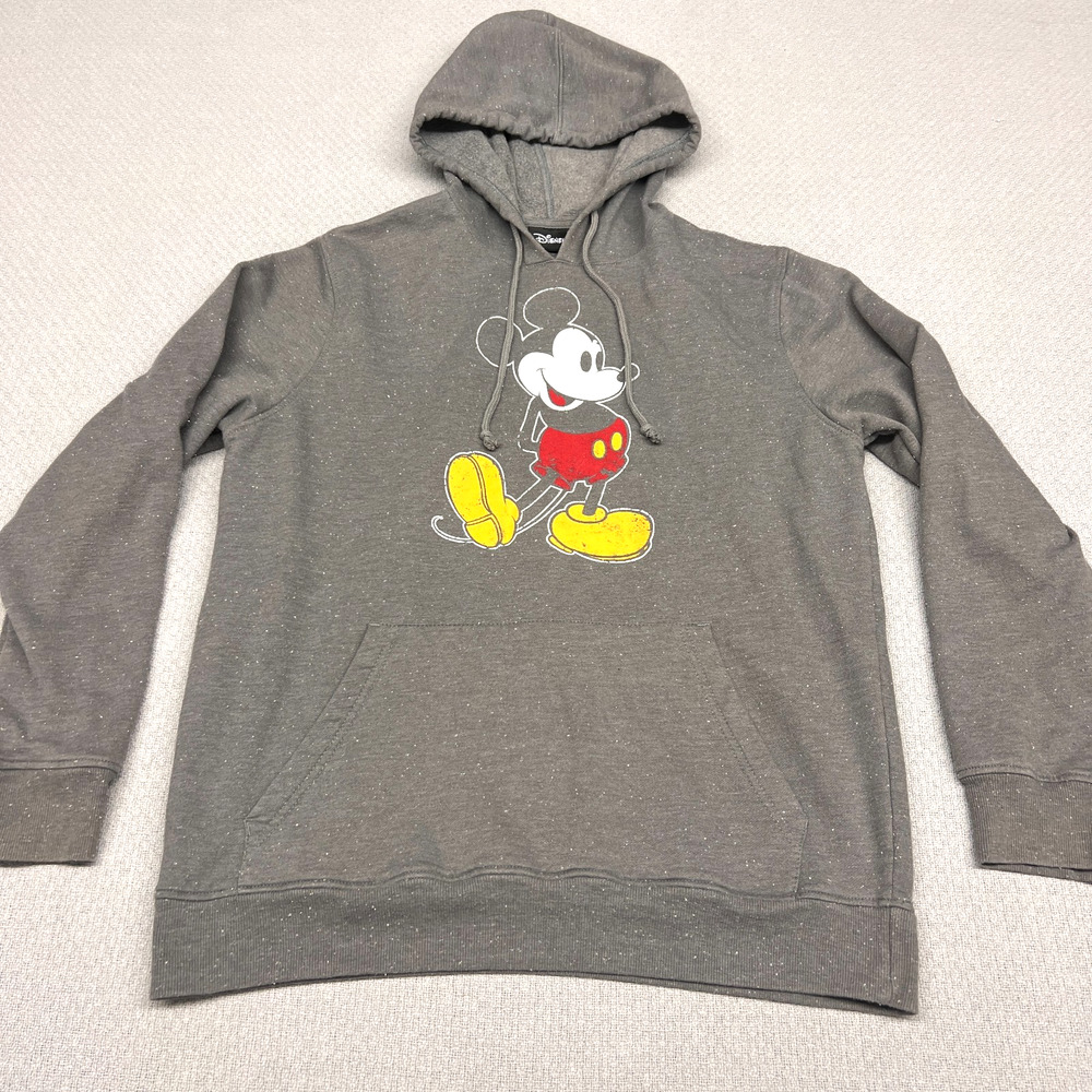 Disney Mickey Mouse Hoodie Mens Medium Gray Speckle Hooded Fleece Pullover